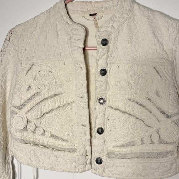 Free People Ivory Lace Crochet 3/4 Cropped Sleeve Jacket Size XS - Picture 2 of 11